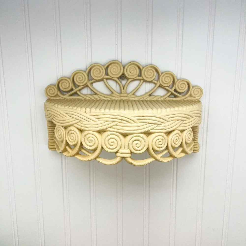 Boho Beige Burwood Plant Shelf: Mid-Century Faux Wicker Decor